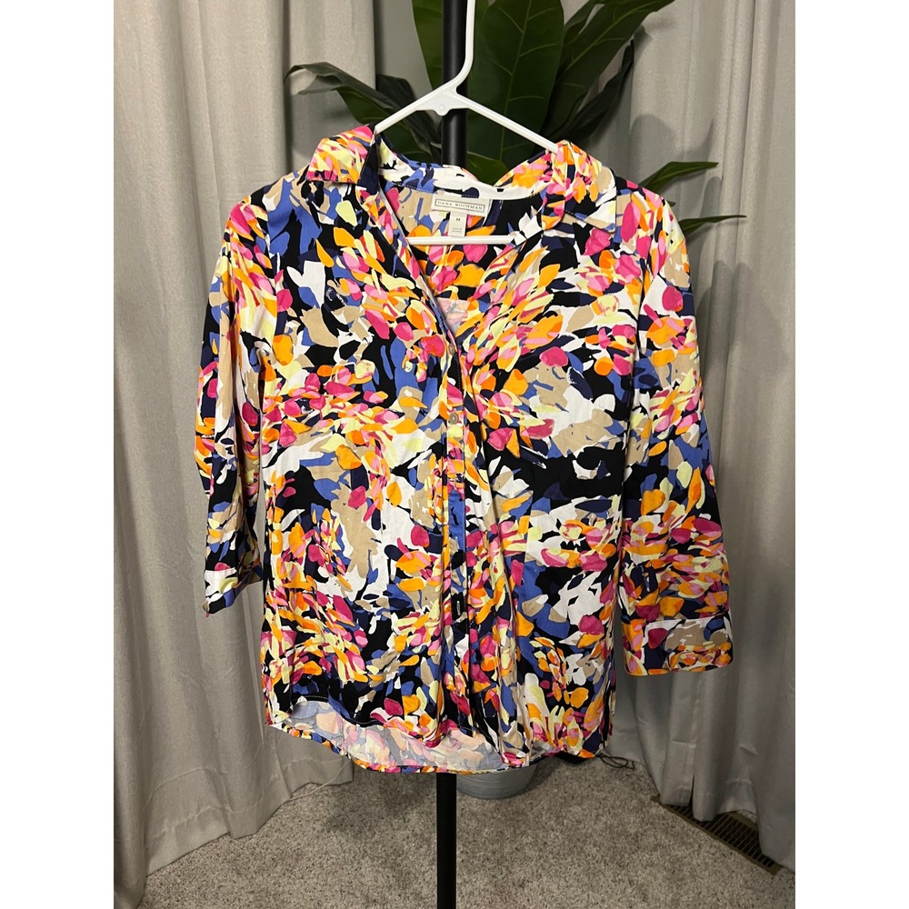 Dana Buchman Womens Multicolor Abstract Floral 3/4 Sleeve Button Up Blouse Med